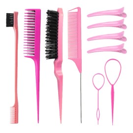 10pzs Kit Cepillos Y Peines Peinado Cabello Con Pinza, Rosa                                                                                           