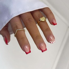 Valentines Press on Nails Short Square SWEKKE French Tip Fake Nails Red & White False Nails with Heart Designs Full Cover Glossy Glue on Nails Elegant Stick on Nails for Women Girls 24 Pcs