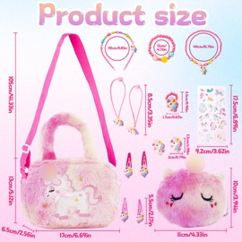 Xerteam Girls Handbag Gifts for Girls, 20 Pcs Crossbody Bag Plush with Kids Dress Up Set, Necklace Earrings Hair Ropes Bracelet Stickers for Age 3-8 Girls Favors Birthday Christmas Party Gift