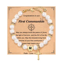 Initial First Communion Gifts for Daughter, First 1st Holy Communion Gifts for Catholic Goddaughter,1st Communion Cross Bracelets for Teen,Christening Religious Easter Gifts-M