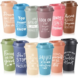 FillTouch 12 Pcs 16 oz Reusable Plastic Coffee Cups with Lids and Positive Sayings, Bulk Inspirational Gifts for Women Men Employee Coworker Staff Team Volunteer, Hot or Cold Drinks (Morandi)