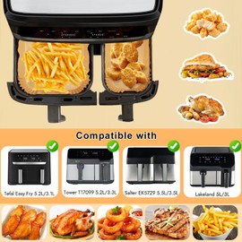 VIKKI Airfryer Baking Paper for Tefal EY9018 Dual Easy Fry 5.2/3.1 L, 100 Pieces Hot Air Fryer Baking Paper for Dual Basket Airfryer 3000 Series, EY905D 5.2/3.1 L, Large & Small 2 Drawers Fryer