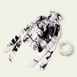 LilySilk Women Pure Mulberry Silk Hair Bonnet 3pcs Set Elagtic Adjustable Home Sleep Hair Wrap with Tie and 2 Silk Scrunchies, Marble Pattern