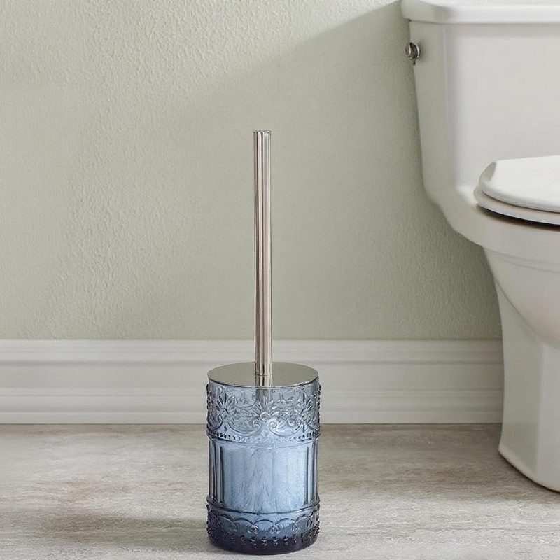 Decorative Glass Toilet Brush and Holder Set, 14.8 inch Height,