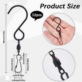 SOFPLATE 1 Box of 12 Swivel Hooks Clips for Wind Chime Spinner 360 Degree Double Clip Rotating S Hook Black Windsock Stainless Steel Crystal Twister for Hanging Wind Chimes Sun Catcher Party