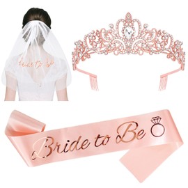 Bachelorette Party Decorations Bride Tiara Bride to Be Sash & Wedding Veil, Rose Gold Bridal Shower Crown Bride Veil and Sash for Women Bachelorette Party Accessories Supplies, Favors, Gifts for Bride