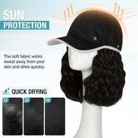 Lansigreen Quick Dry Hat with Hair Extensions Lightweight Hat Wig Adjustable Outdoor Baseball Cap Attached 15" Curly Wave Hairpiece Synthetic for Women Dark Brown