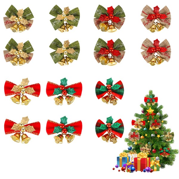 14 Pcs Christmas Bow with Bells Mini Christmas Tree Bows