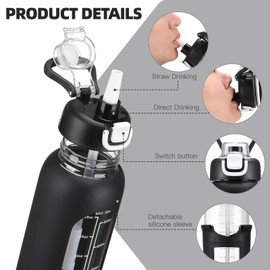 chunmo 32 oz Glass Water Bolttles with Straw Large Motivational Water Bottle with Time Marker Sports Water Bottles with Silicone Sleeve and Handle Lid Water Jug for Gym Workout