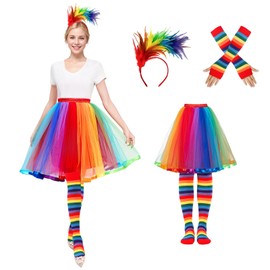 Angenster Angenster Karneval Regenbogen Kostüm Damen Set, Tüllrock Damen Kostüm Damen Fasching mit Feder Haarreif Bunt Hosenträger Tütü Damen Regenbogen Kniestrümpfe, Tüllrock Bunt Clown Kostüm für Fasching