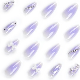 Press On Nails, Beauty Pattern Summer Cute Glue on Nails, Fake Nails, Short Square Almond Ballet Shape on 24PCs (Purple Star Bow)