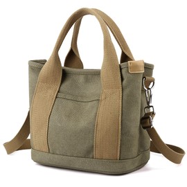 Manukori Women's Small Canvas Tote Bag with Compartments, Handbag, Shoulder Bag, Stylish, Cute, Lightweight, for Travel, Commuting, Stands Upright, green, S