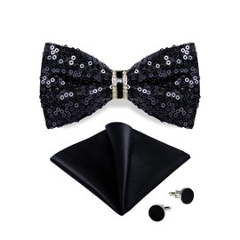 DiBanGu Mens Black Sequin Bow Ties for Men Adjustable Pre-tied Shiny Bowtie and Pocket Square Set for Wedding Prom Party