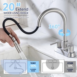 Heouty Bathroom Sink Faucet with Pull Out Sprayer 2 Handles, Brushed Nickel Pull Down Bathroom Faucets 3 Holes 4 Inch, 360 Degree Swivel Dual Function Spout, Pop Up Drain Assembly Included