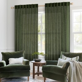 MIULEE Olive Green Linen Curtains 63 Inch Length 2 Panels for Bedroom Living Room, Soft Thick Linen Textured Natural Window Drapes Semi Sheer Light Filtering Back Tab Rod Pocket Burlap Look Decor