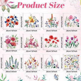 Fainne 12 Sheets Iron on Decals - Watercolor Transfers for Clothing, Heat Transfer Stickers, Spring Appliques for T-Shirts Jackets DIY Art Decor(Flower)
