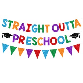YEIRFYY Glittery Straight Outta Preschool Banner and Pennant Banner Colorful Preschool Grad Garland Boys Girls Class of 2025 Congrats Grad Fireplace Wall Decor Preschool Graduation Party Decorations