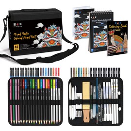 H & B Colouring Pencils Colored Pencil Set 82pcs with Portable Zipper Shoulder Bag 2 Sketch Books Art Supplies Drawing Kit for Adult Coloring and Artists Sketching Black