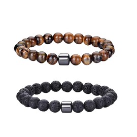 Bansusu 2 Pcs Tiger Eye Bracelet Mens Beaded Bracelets Set 8MM Tiger Eye Lava Stone Stretch Natural Stone Men's Bead Bracelet Set Wrist Bracelets Jewelry Gift for Men