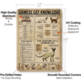 NEGLAI Siamese Cat Knowledge Metal Signs Poster, Vintage Wall Decor Farmhouse Decorations 16x12 Inches