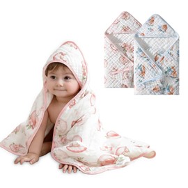 usbettas Muslin Baby Hooded Towel - 2 Pack Baby Towels, Ultra-Soft & Absorbent Bath Towel with Original Design, for Newborn & Infant (Peach & Watermelon, 32" x 32")