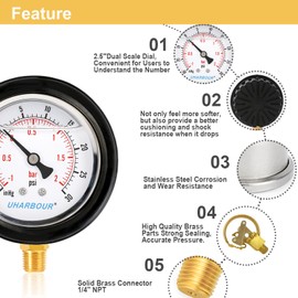 UHARBOUR Pressure Vacuum Gauge 2-1/2" Dial Liquid Filled -30 inhg/30 PSI, Rubber Protective Case, 1/4" Brass Lower Mount, Including 1/4" to 1/8" Thread Adapter and Teflon Tape