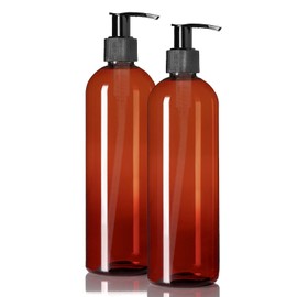 ljdeals 16 oz Amber Plastic Bottles with Pumps, Soap Dispenser, Slim, Tall Squeezable Refillable Containers for Shampoo, Lotion, Cream and More… Pack of 2, BPA Free, Made in USA