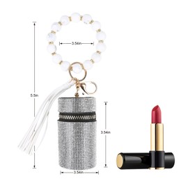 AUSYVEUS Silver Lipstick Case Beaded Keychain Mini Lipstick Organizer Leather Diamond Lip Gloss Bag with Keychain Portable Mini Lipstick Case for Purse Tassel Lip Gloss Holder Bag for Women