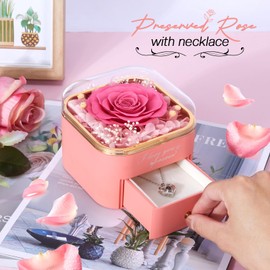 Firestyle Preserved Pink Real Rose with I Love You Necklace in 100 Languages-Eternal Flowers Rose Gifts for Her Women Mum Wife Girlfriend on Christmas Valentines Day Mothers Day Anniversary Birthday