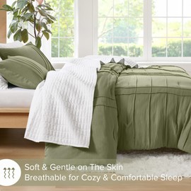 Comfort Spaces Olive Green Queen Size Comforter Set - 3 Pieces Pintuck Pleated Bedding Sets Queen, All Season Lightweight, Extra Softness Pre-Washed Microfiber Queen Bed Set, Shams, Queen