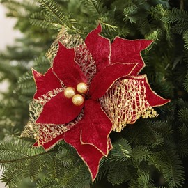 Alupssuc Poinsettia Christmas Flowers Artificial, 10 Pcs 9in Glitter Christmas Flowers, Sparkling Decorations for Xmas Tree Decor or Party Wreath Fireplace, Red Gold