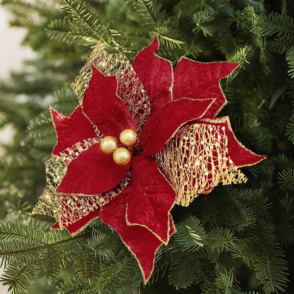 Alupssuc Poinsettia Christmas Flowers Artificial, 10 Pcs 9in Glitter Christmas