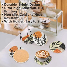 KEYIFA Diamond Art Coasters Kit, 8 Pcs Nordic Style Abstract Plants Diamond Painting Coasters with Holder, DIY Crafts Kits for Adults Beginners, Coffee Cup Pads, Non Slip Coaster