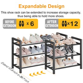Detsuk 3-Tier Expandable Shoe Rack – Adjustable Heavy-Duty Metal Shoe Organizer Shelf for Closet, Entryway, Mudroom & Garage – Durable Freestanding Storage, Black