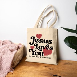 Zoemghc Canvas Bible Tote Bag for Women Jesus Loves You Christian Faith Religious Gifts Reusable Tote Bags Graphic Church Bag (Beige)