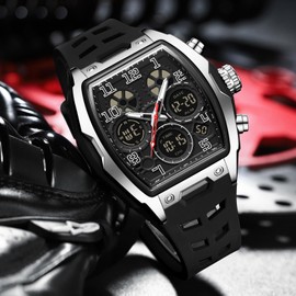 Men's Watch Relojes para Hombres Digital Analog Watches Tonneau Unique Sport Military Tactical Wrist Watch Waterproof Wristwatches with Stopwatch Alarm Countdown Luminous Calendar Curved Screen