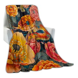 Floral Snake Throw Blanket, Vibrant Botanical Flower Red Serpent Blankets for Bedroom Living Room Couch Decor, Fuzzy Cozy Soft Lightweight Throws, for Women Adults Men, 50x60 in