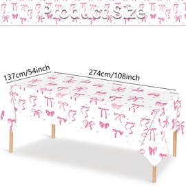 ZJHiome 2 Pack Pink and White Bow Tablecloth Coquette Birthday Decorations 54 x 108 Inch Large Size Plastic Table Cover for Girls Bow Themed Birthday Baby Shower Party Decor(White)