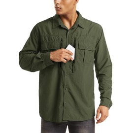 MAGCOMSEN Mens Quick Dry Shirts Long Sleeve Work Shirts Fishing Shirts for Men Button Down Work Shirts Hiking Shirts Army Green L