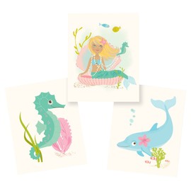 Sea Urchin Studio Ocean Wall Art for Girls, Blonde Mermaid-Seahorse-Dolphin 3 Print Set, Each 8" x 10