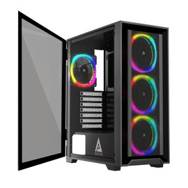 Apevia Inspire-BK Inspire Mid Tower ATX Gaming PC Case w/ 4X 120mm ARGB Fans, 366 RGB Light Modes, 1x Metal Mesh Airflow Front Panel, 1x Door Swivel Style Magnetic Glass Side Panel, 2X USB3.0, Black