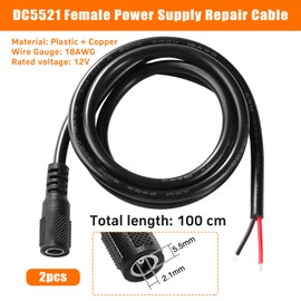 KUOQIY 2 pieces 100 cm 18 AWG DC pigtail cable, DC 5.5 mm x 2.1 mm socket to bare wire open end power supply repair cable, for CCTV surveillance camera, DVR, LED strip light, etc