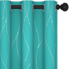 Deconovo Blackout Grommet Silver Pattern Printed Curtains, Turquoise, 38W x 63L