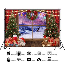 Christmas Backdrop 5x3ft Christmas Tree Gift Box Photography Background Snow Scene Outside the Window Photography Backdrop New Year Party Decoration Background