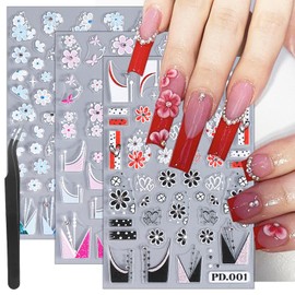 3 Sheets French Tip Nail Decals - Red, Black, Blue, Pink Flower Nail Stickers - 5D Embossed, Self-Adhesive Floral Nail Art Decals for Women & Girls
