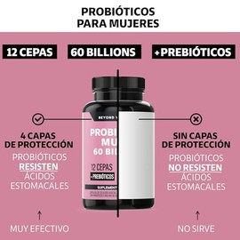 Probióticos Mujer 60 Billion + Prebióticos + Inulina de Agave| 12 Cepas con tecnología de Microencapsulación para resistir ácidos estomacales | Fórmul