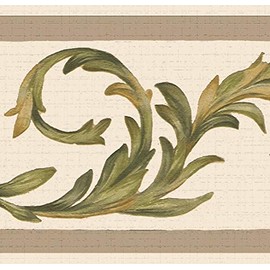 Dundee Deco DDAZBD9067 Peel and Stick Wallpaper Border - Damask Green, Beige Floral Scrolls Wall Border Retro Design, 15 ft x 7 in (4.57m x 17.78cm), Self Adhesive