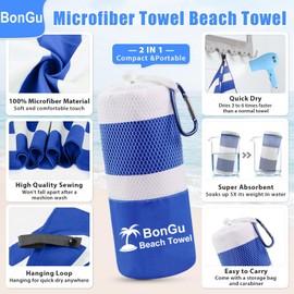 BonGu 2 Pack Beach Towel Set 180x80cm & 60x38cm Microfiber Travel Towels Super Absorbent Compact Lightweight Quick Dry Towels for Beach Pool Bath Sand Free Beach Towels (Blue)