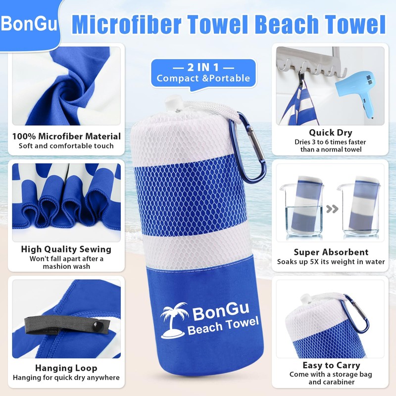 BonGu 2 Pack Beach Towel Set 180x80cm & 60x38cm Microfiber