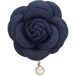 Camellia Flower Brooches Vintage Fabric Flower Brooches with Faux Pearls Elegant Floral Lapel Pins for Women Hat Dress Shirt Tie Corsage Dark Blue